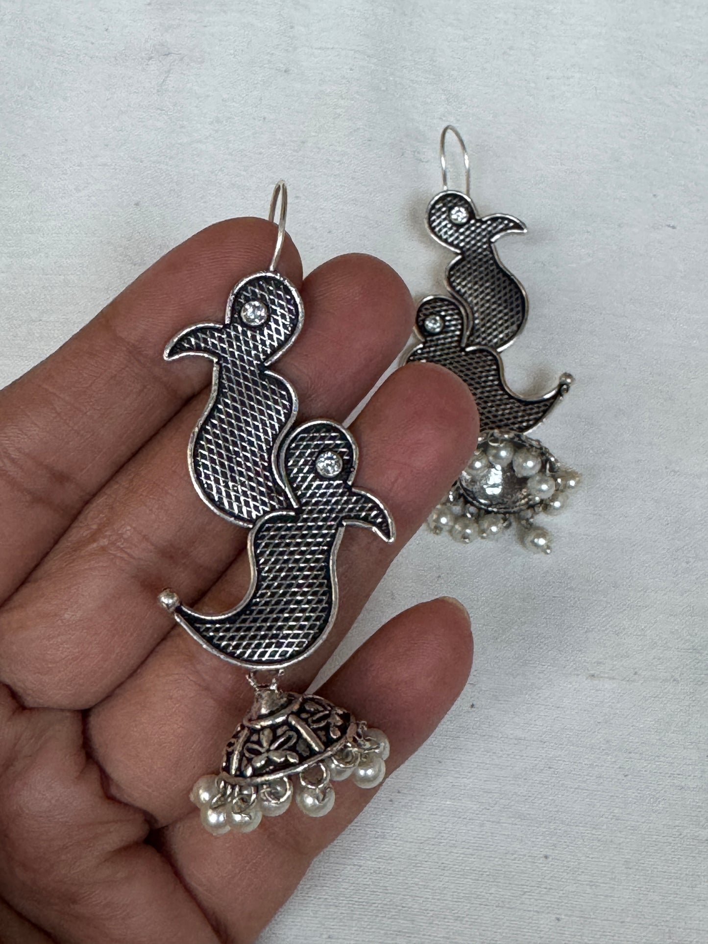 2 birdies with jhumkas - oxidised silver look brass hook ear rings