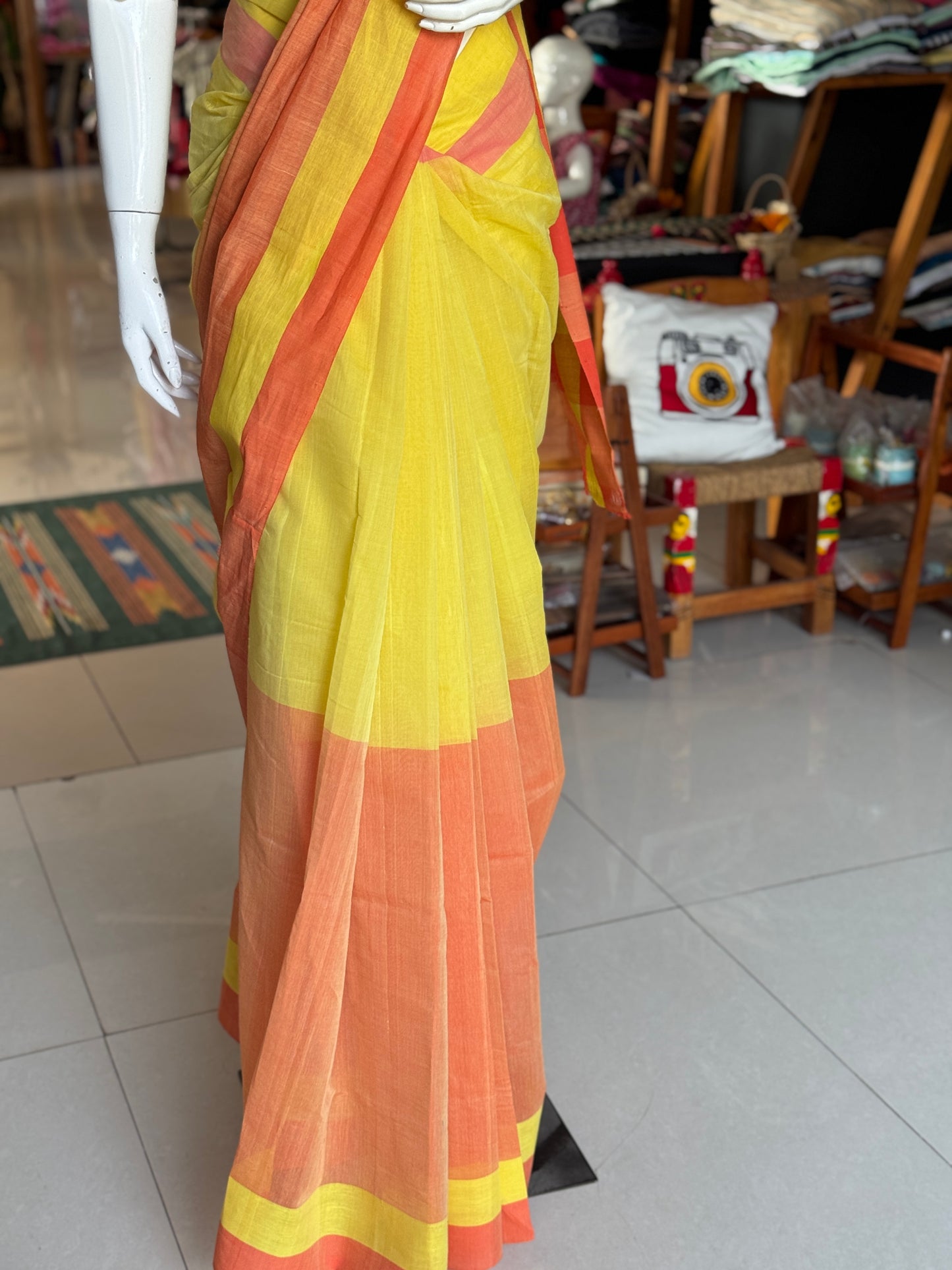 Yellow orange vertical split handloom cotton saree
