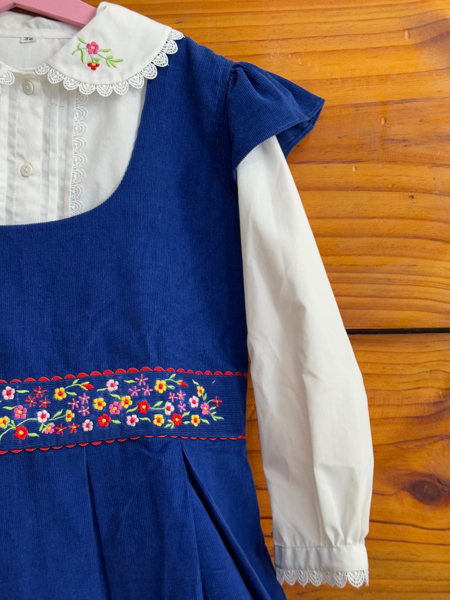 White embroidered long sleeves cotton shirt with royal blue corduroy outer frock with flowers hand embroidery, pintucks and lace trims - 2 piece set