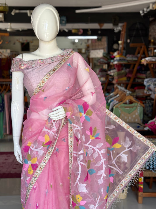 Pink silk organza jamdani saree with hand embroidered lace