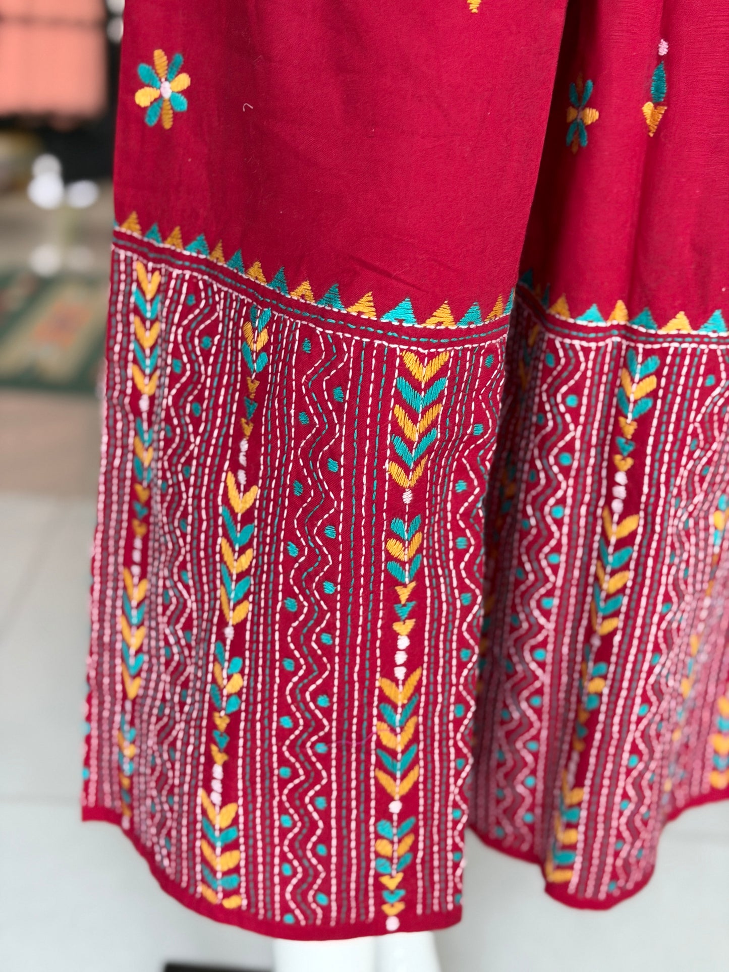 Kantha hand embroidered cotton poplin free size plazo with front pocket