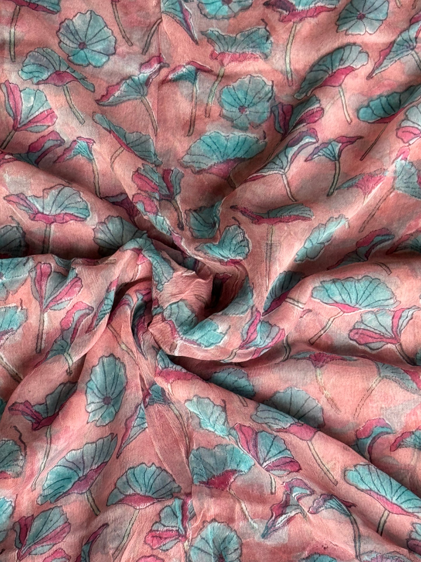 Light pink floral hand block printed light and soft chiffon fabric