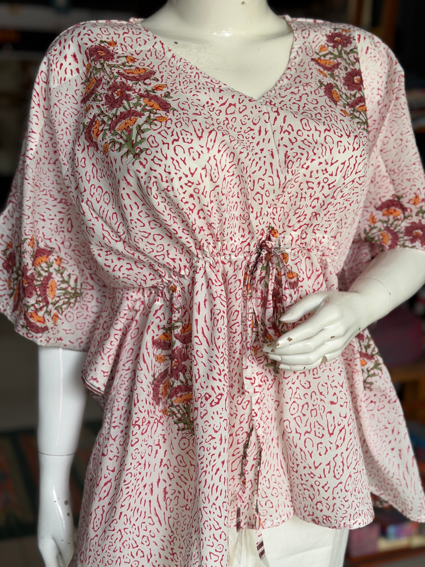 White animal print and flowers Kaftan top in cotton hand block prints and plain cotton pants - 2 piece set