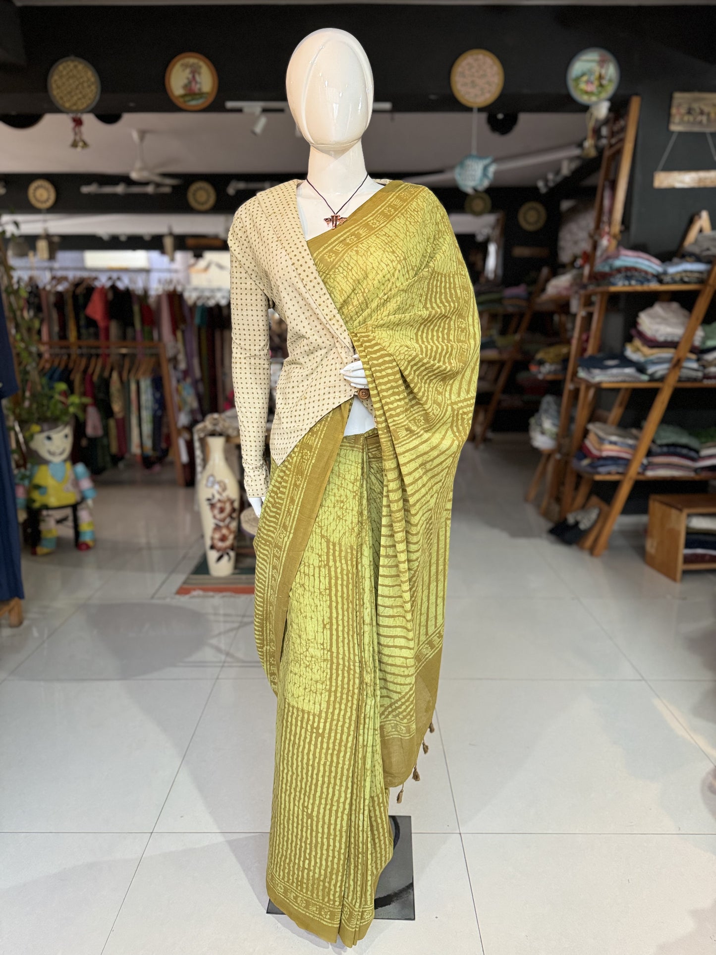 Olive green hand batik soft cotton saree