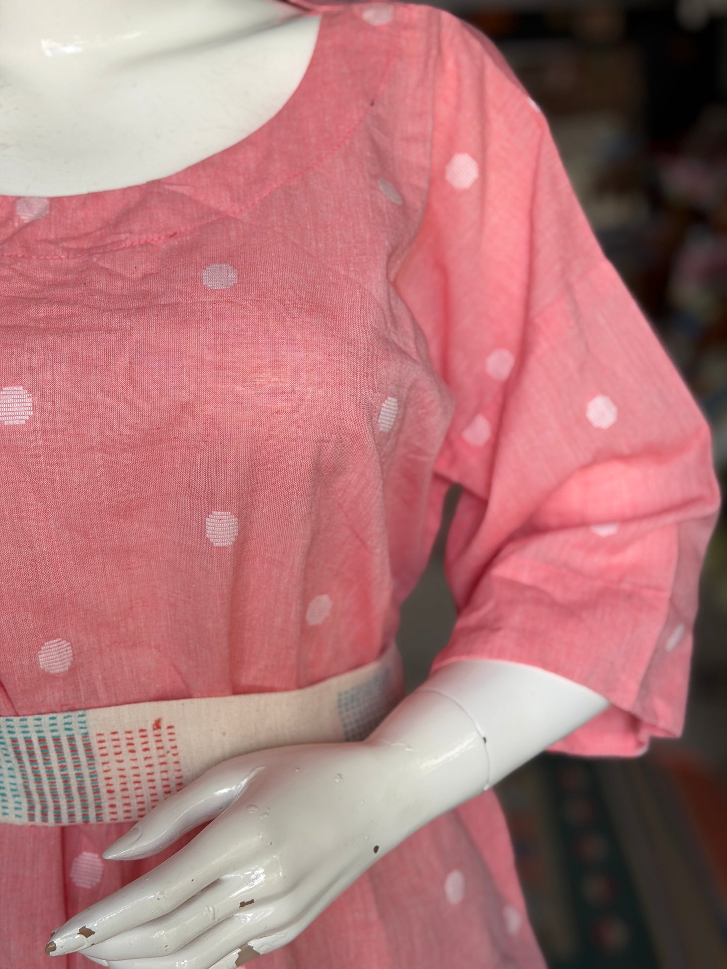 Peach Jamdani boxy handloom cotton top with hand woven fabric belt