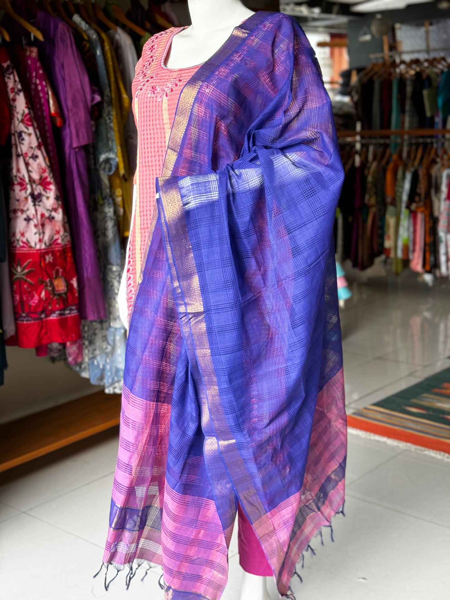 Blue and pink cotton handloom Mangalagiri missing checks dupatta with Zari border