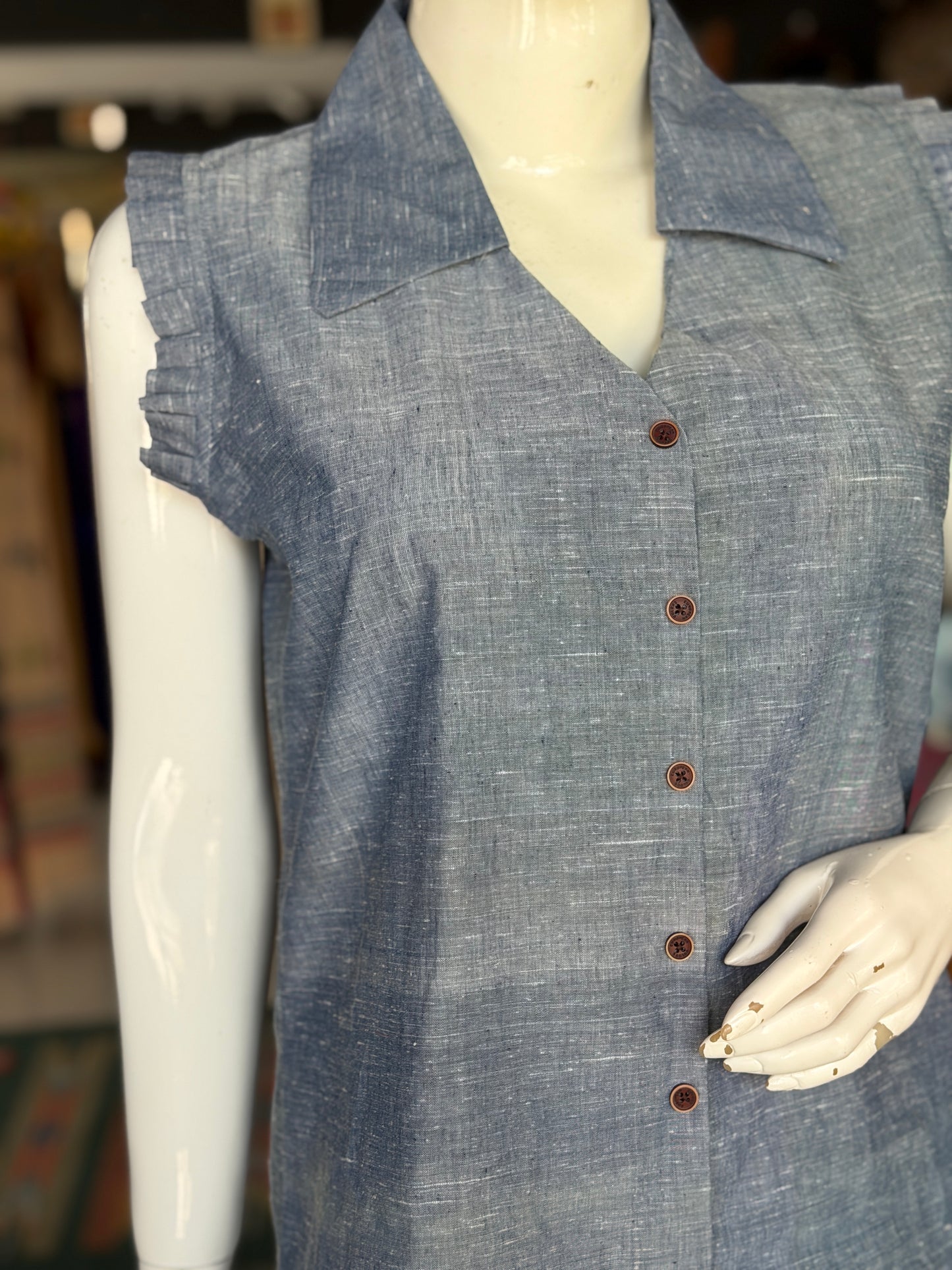 Bluish grey cotton handloom top with collar and frills sleeves - natural dyed