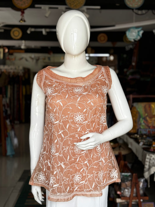 Light brown organza sleeveless top with Chikankari hand embroidery