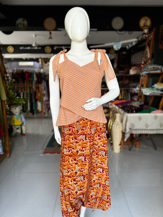 Maroon leaf print free sized natural dyed, hand woven, hand block printed Malkha cotton divider skirt