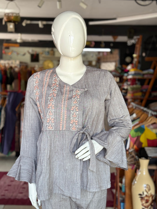 Grey Chikankari hand embroidered handwoven cotton overlap front top for women