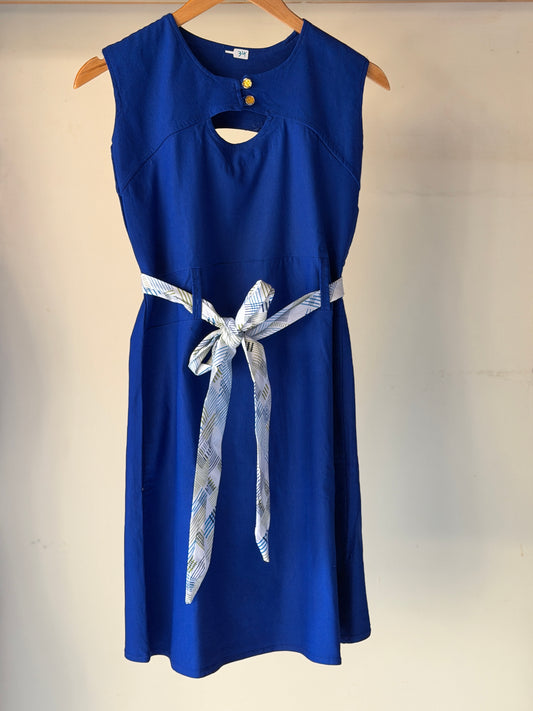 Royal blue sleeveless stretchable lycra dress with contrast white belt