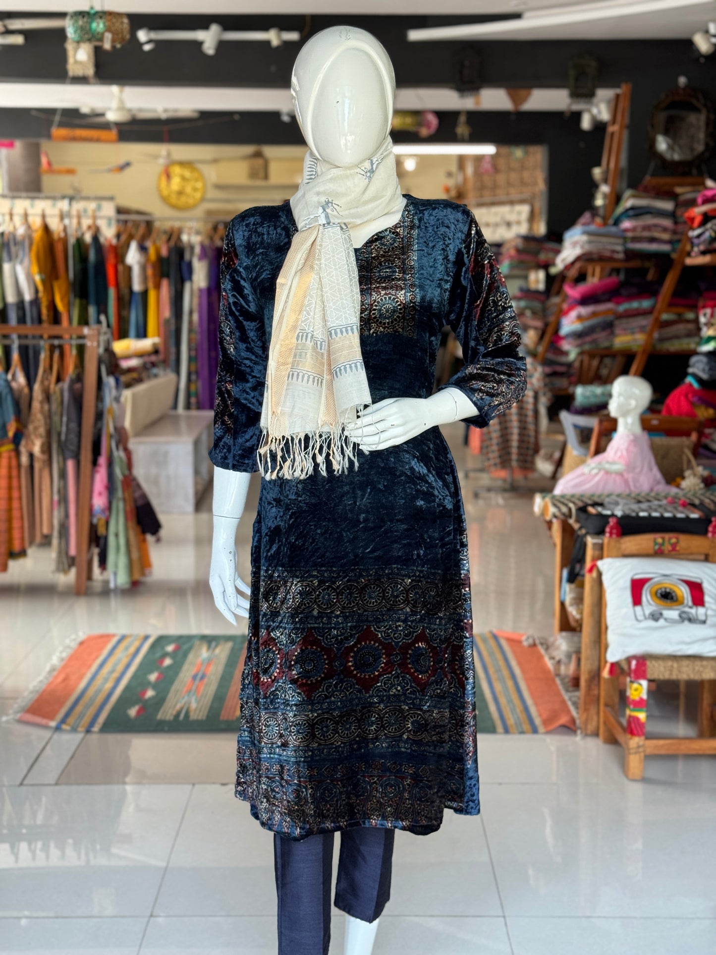 Blue velvet straight kurti with Ajrakh hand block prints - neck and hem detailing