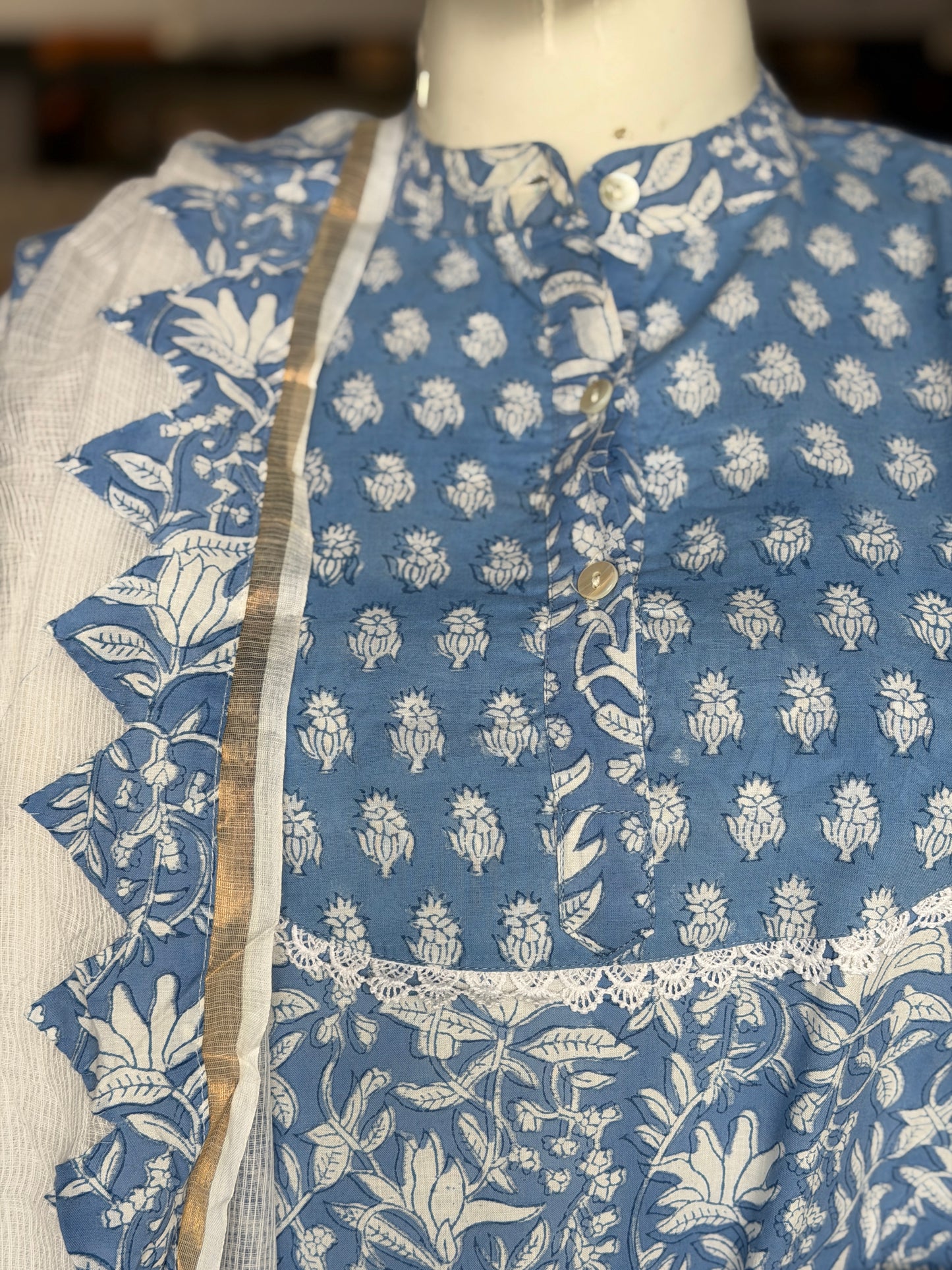 Blue floral hand block print flared kurti, pants and dupatta - 3 piece set with kota patch with dupatta