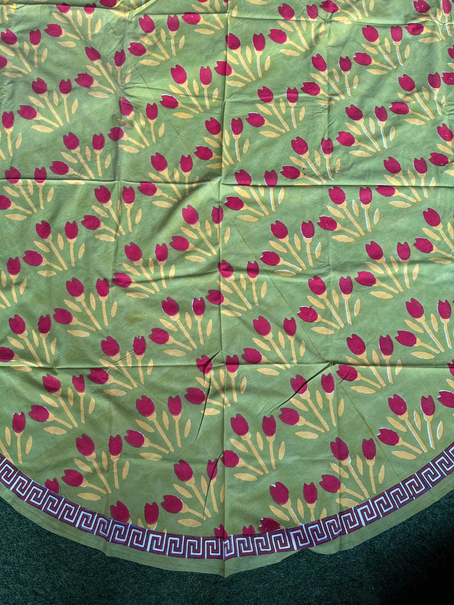 Green floral hand block printed cotton round table cover