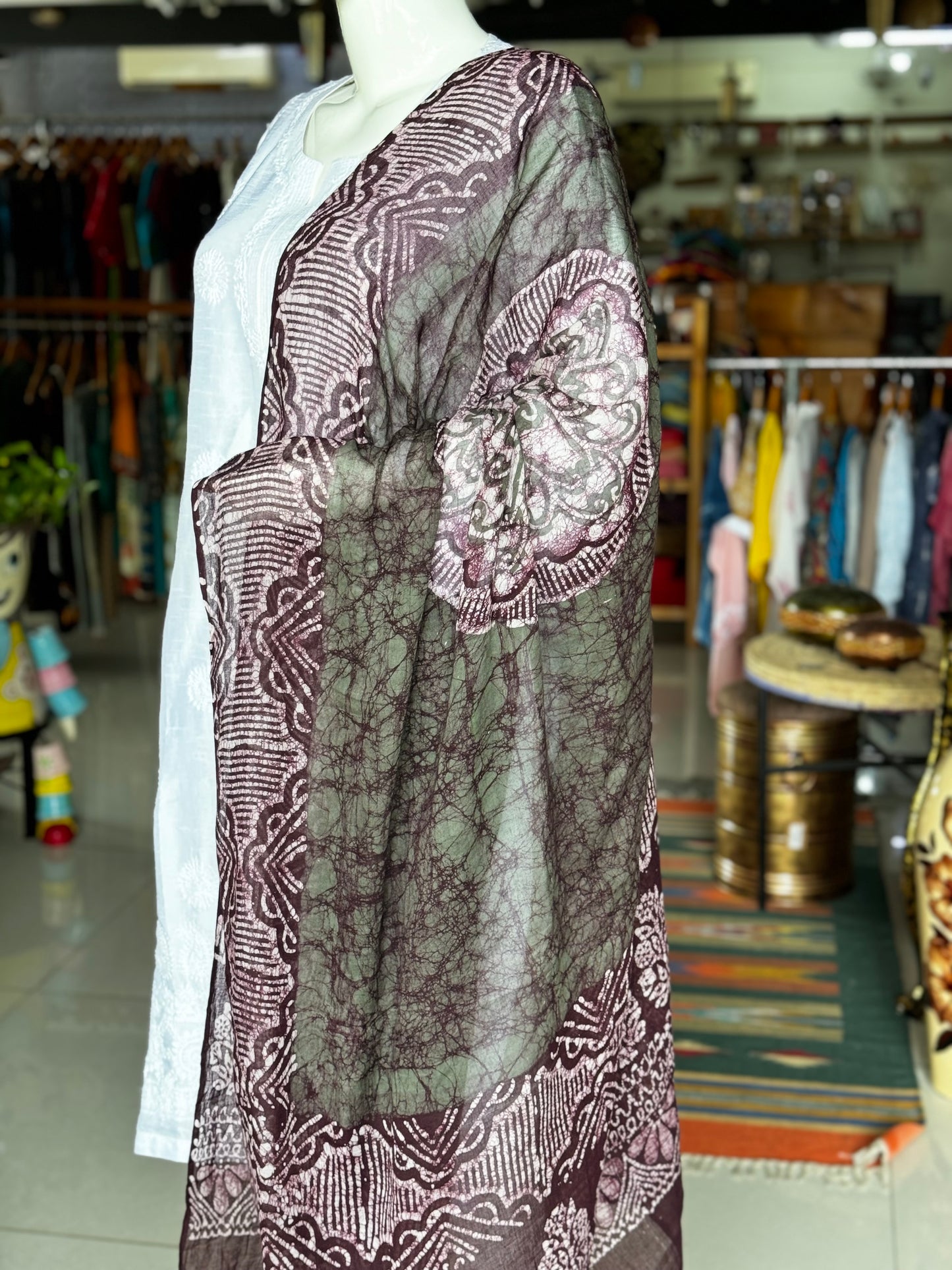 Green and wine soft cotton batik dupatta