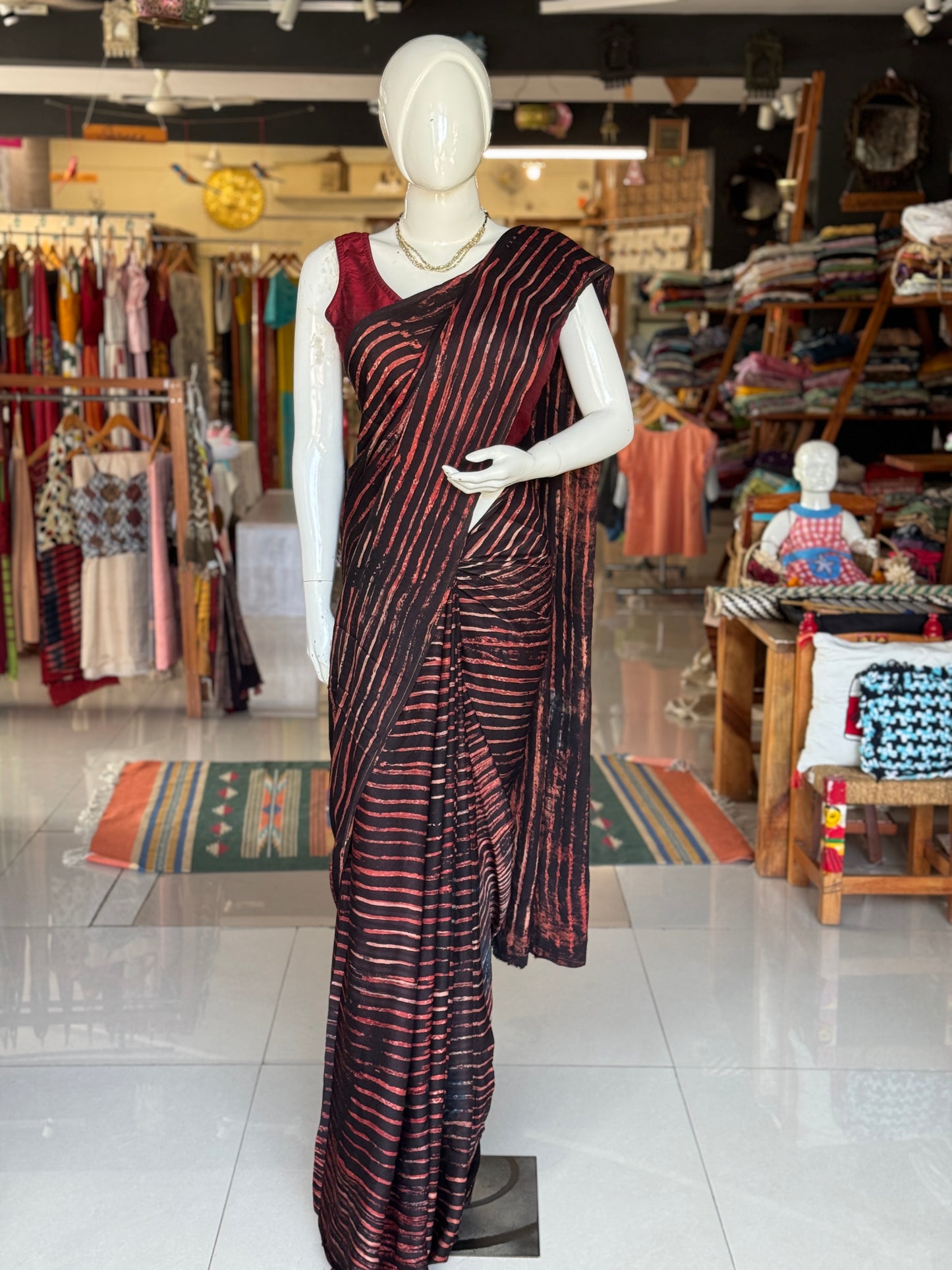 Ajrakh hand block printed soft modal saree yardage saree