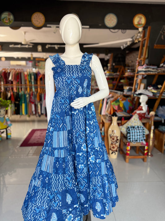 Blue patch work look hand block printed designer sleeveless tiered cotton dress with smocking back