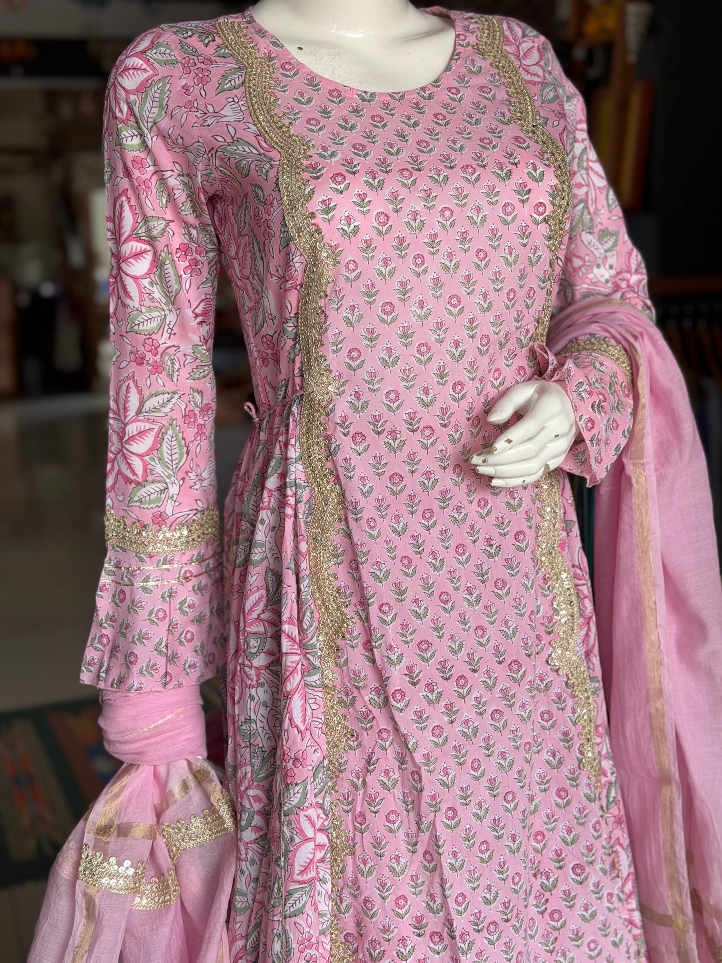 Pink floral hand block print with lace detailing flared kurti, pants and dupatta - 3 piece set