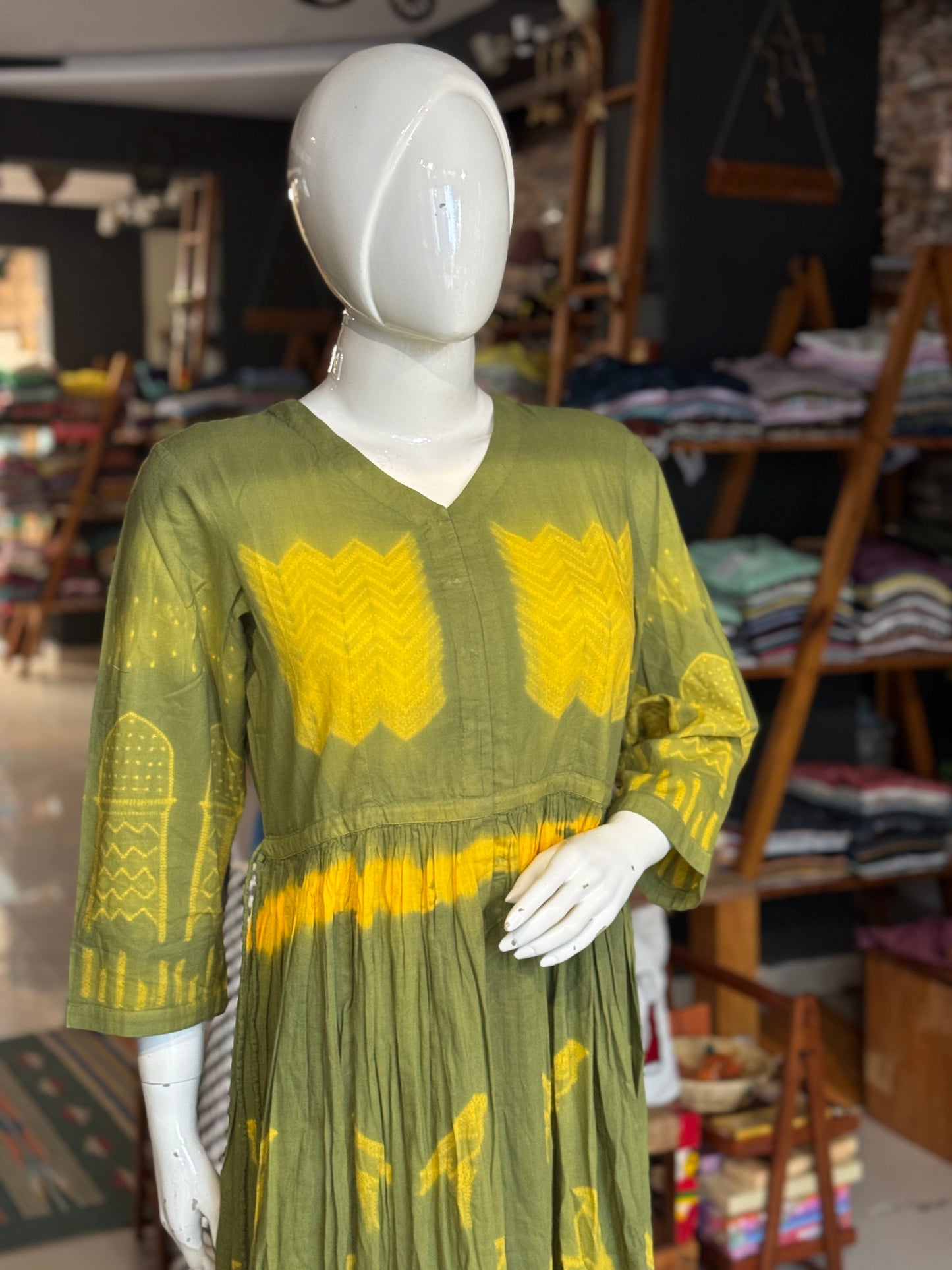 Green and yellow Shibori needle tie n dye cotton dress with draw string waist