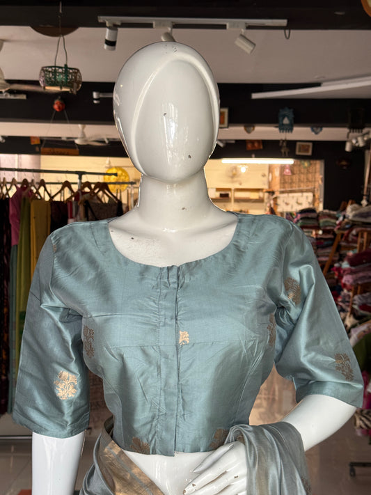 Greyish blue hand woven pure silk blouse with flower butis - front open, with lining