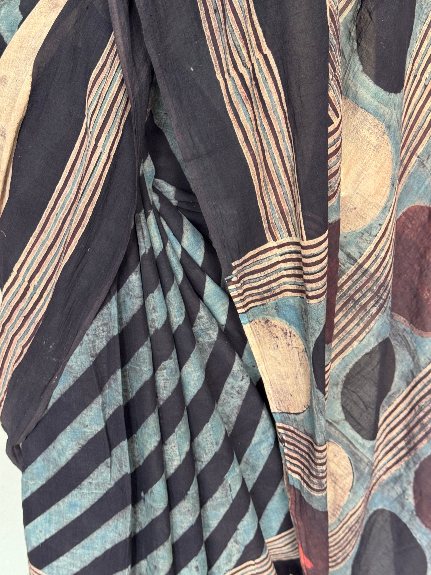 Black and Indigo stripes and circles design Ajrakh hand block printed soft mul cotton saree
