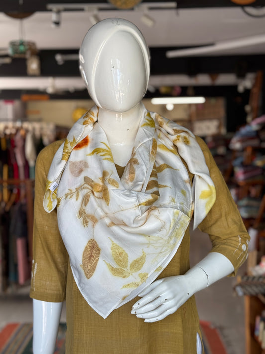 Eco printed modal satin scarf in off white n yellow tones