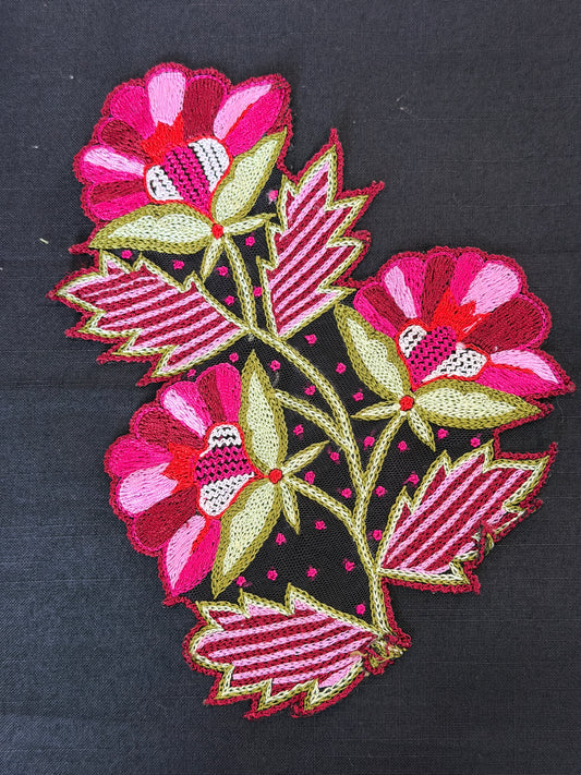 Red and pink flowers and leaves embroidered patch -