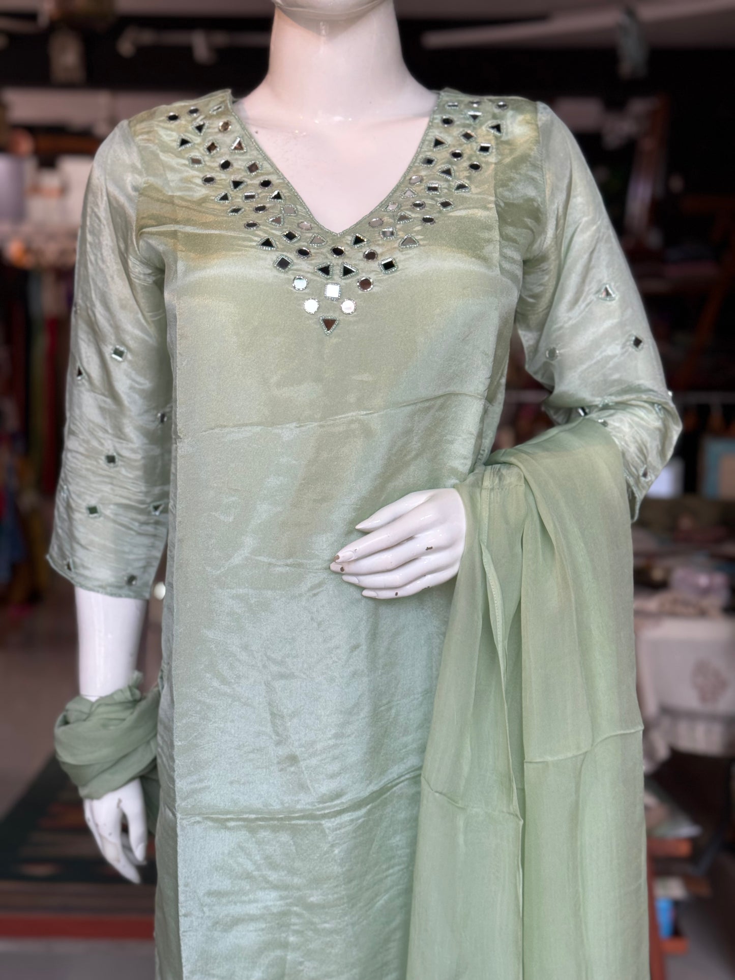 Pastel green real mirror embroidered tissue 3 piece suit set - festive wear set