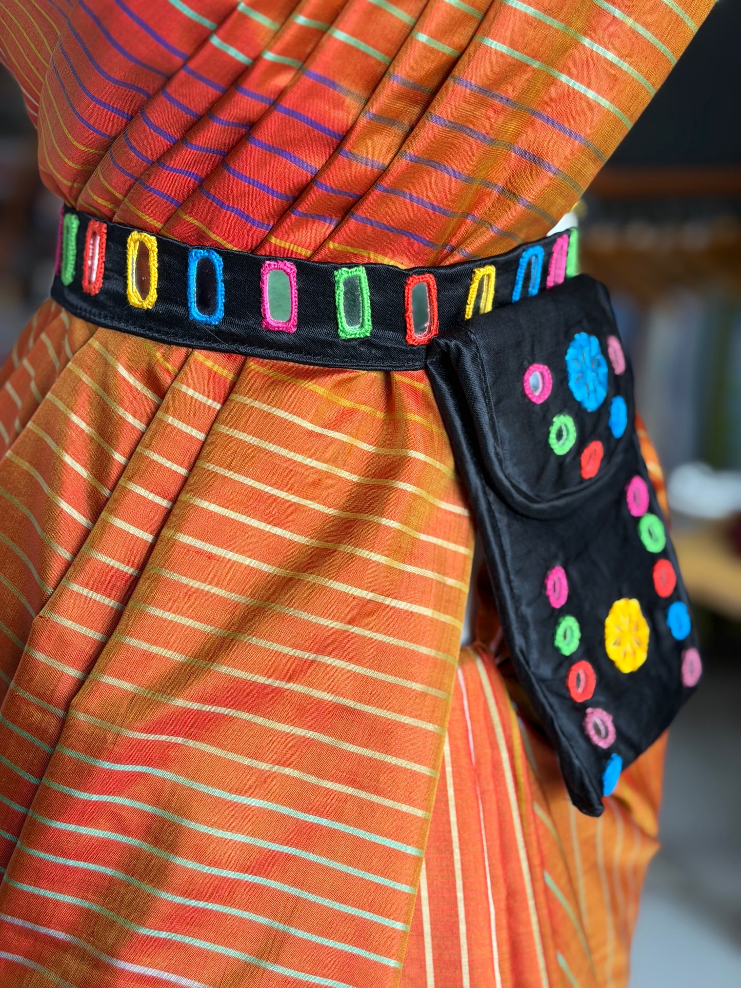 Mashru belt with attached phone pouch - hand embroidered mirror work