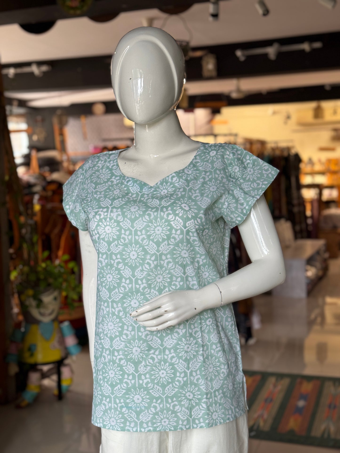 Pastel green floral hand block print cotton top
