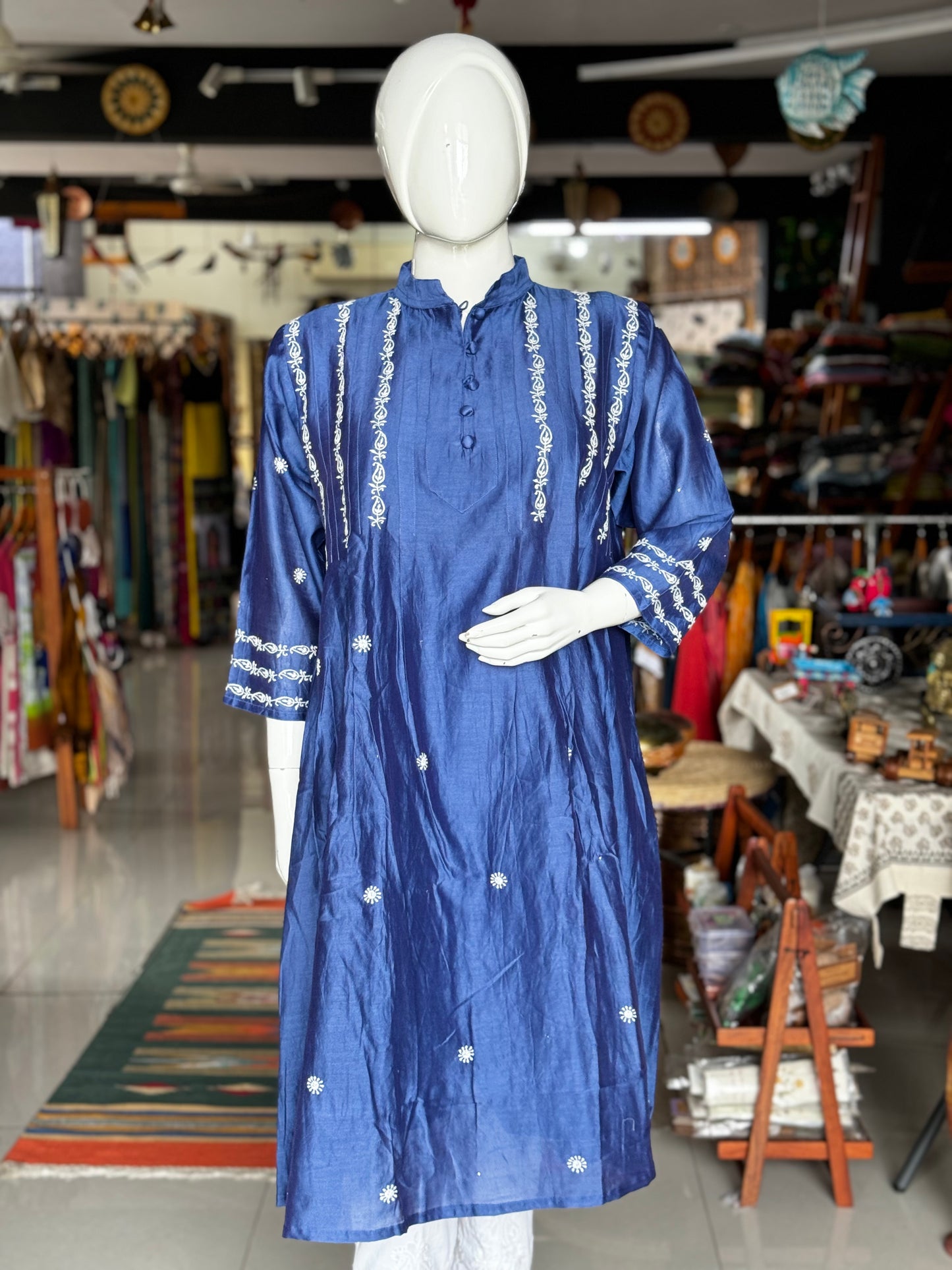 Blue Chanderi soft silk cotton chikankari hand embroidered kurta / dress