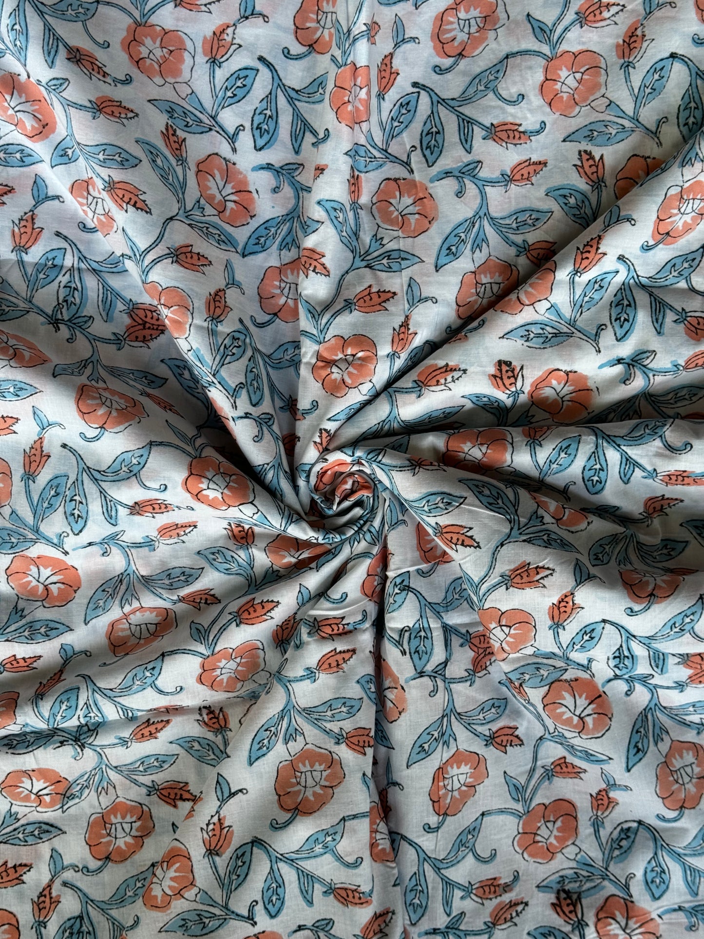 White with peach flowers and blue leaves hand block printed soft cotton fabric bbl