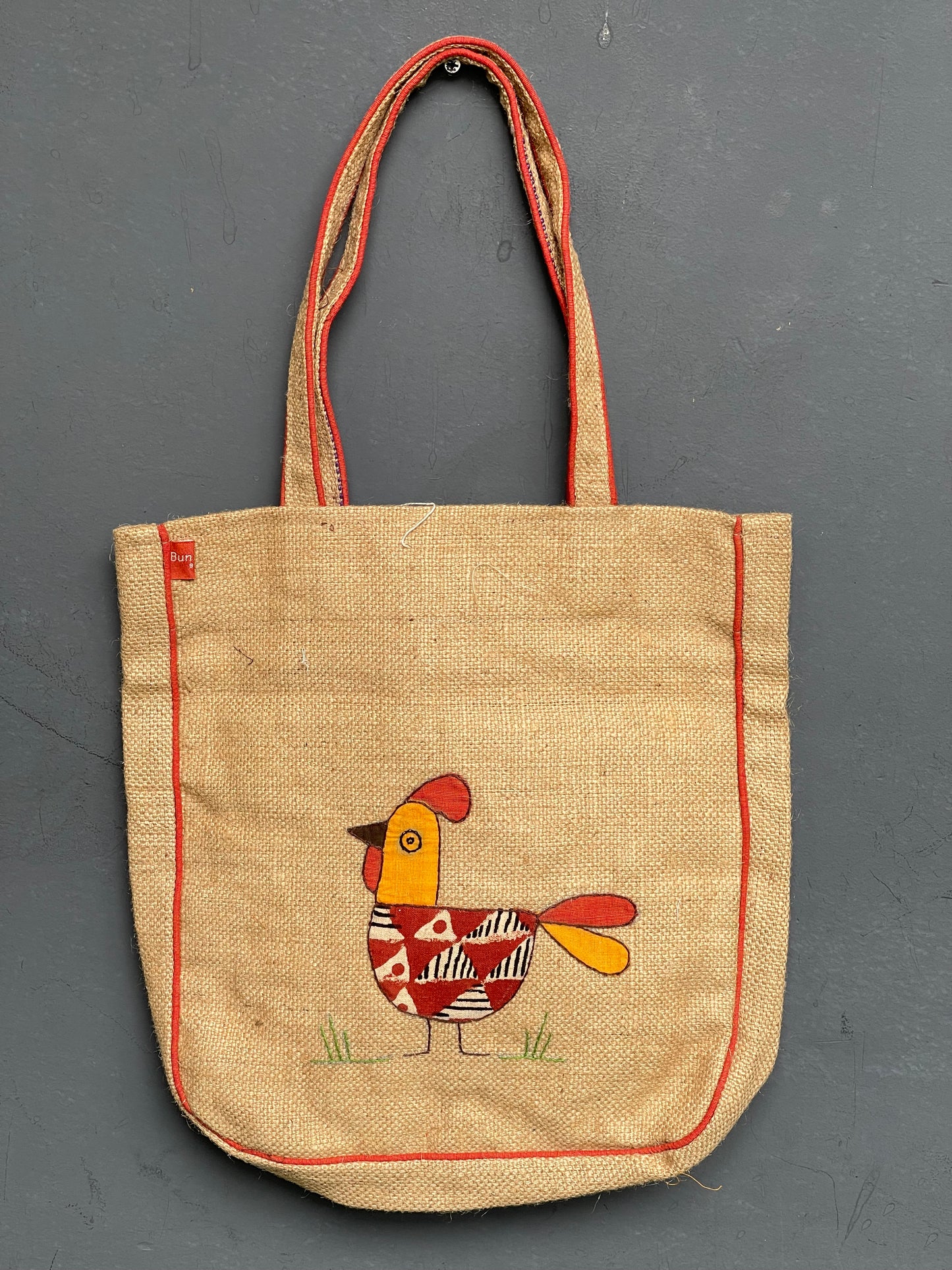 Jute cock design hand embroidered with appliq patch work bag