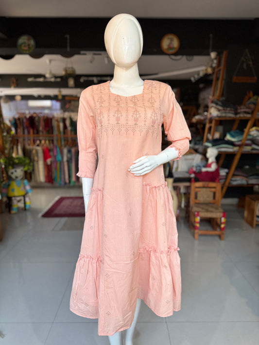 Peach Tangaliya handwoven cotton dress with two tiered side frills