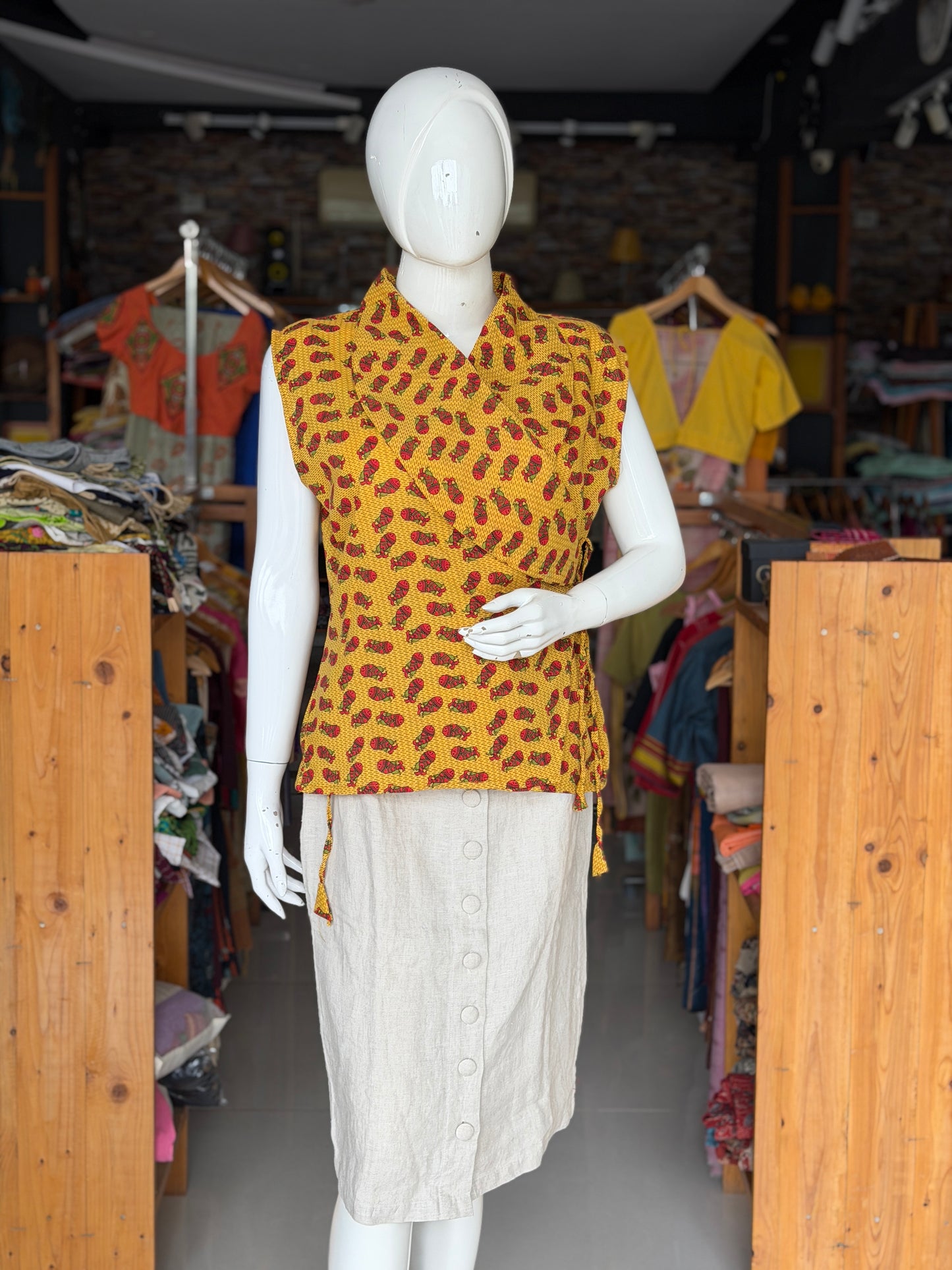 Yellow fish hand block printed collared cotton top