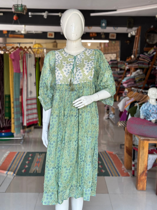 Green and white hand block printed soft cotton dress with fancy sleeves