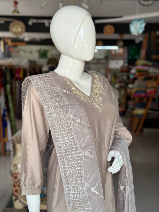 Silver Grey soft chanderi hand embroidered suit set with matching straight pants and embroidered organza dupatta - 3 piece set