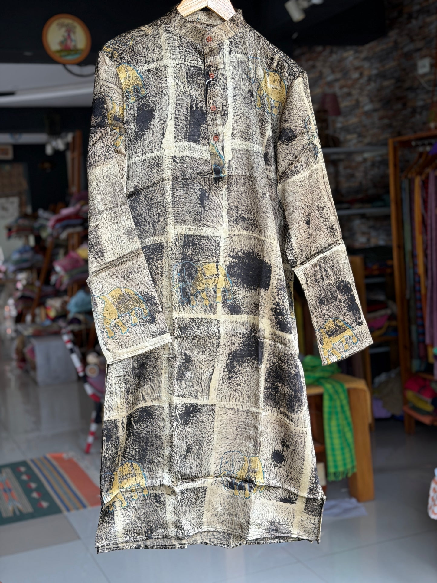 Black and beige elephants hand block printed Ajrakh mashru long kurta for men