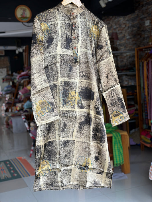 Black and beige elephants hand block printed Ajrakh mashru long kurta for men