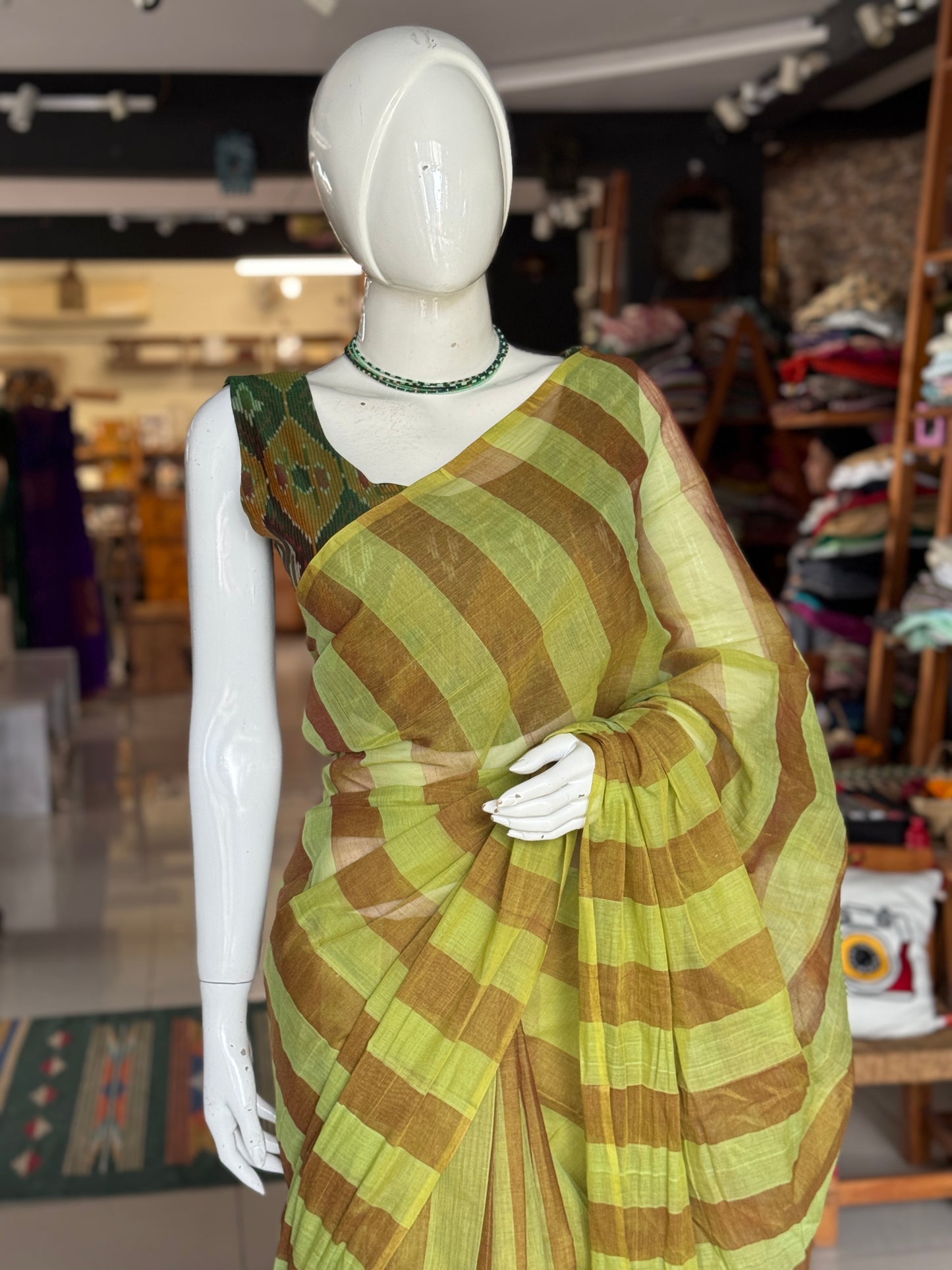 Green brown vertical stripes light weight soft handloom Bobbili cotton saree