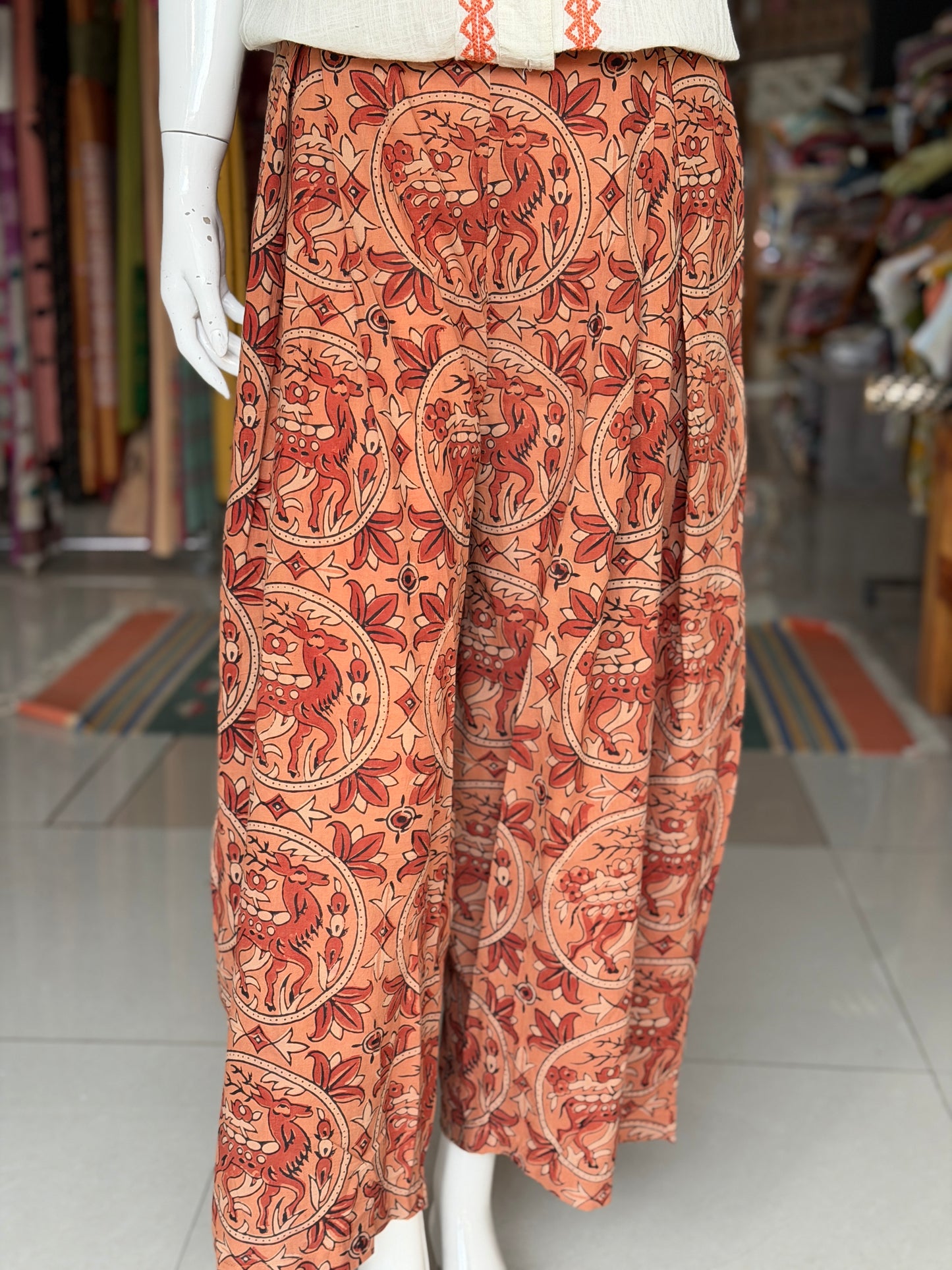 Rust orange deer hand block printed cotton barrel pants