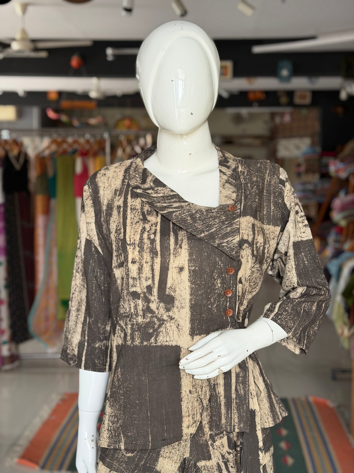 Black and beige hand block printed cotton top with asymmetric neck and side tie