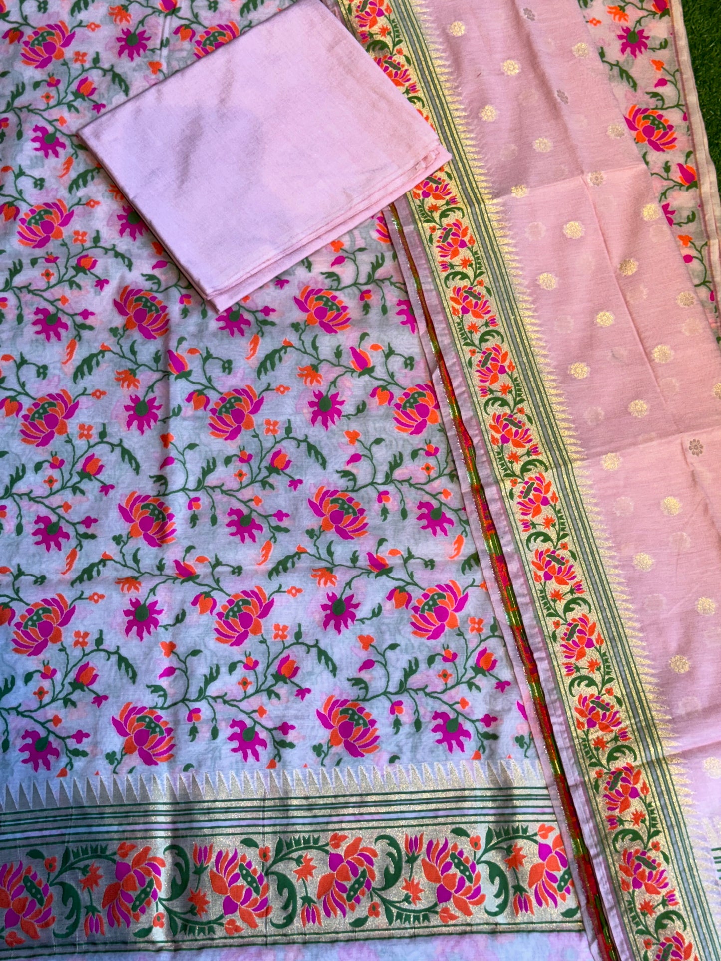 Pink Banarasi cotton 3 piece unstitched suit set with floral patterns