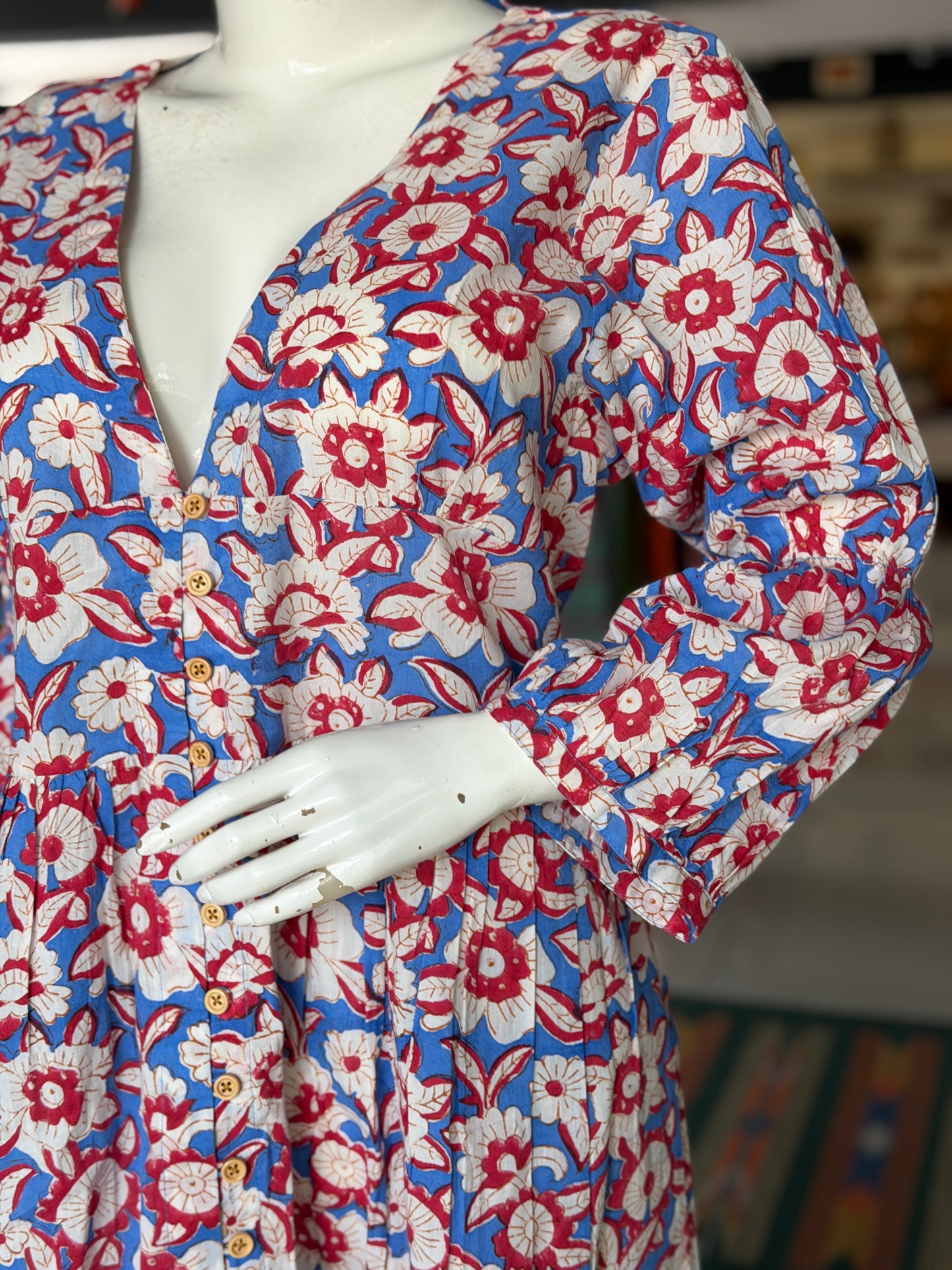 Blue and red floral hand block printed deep v-neck cotton dress with flouncy sleeves