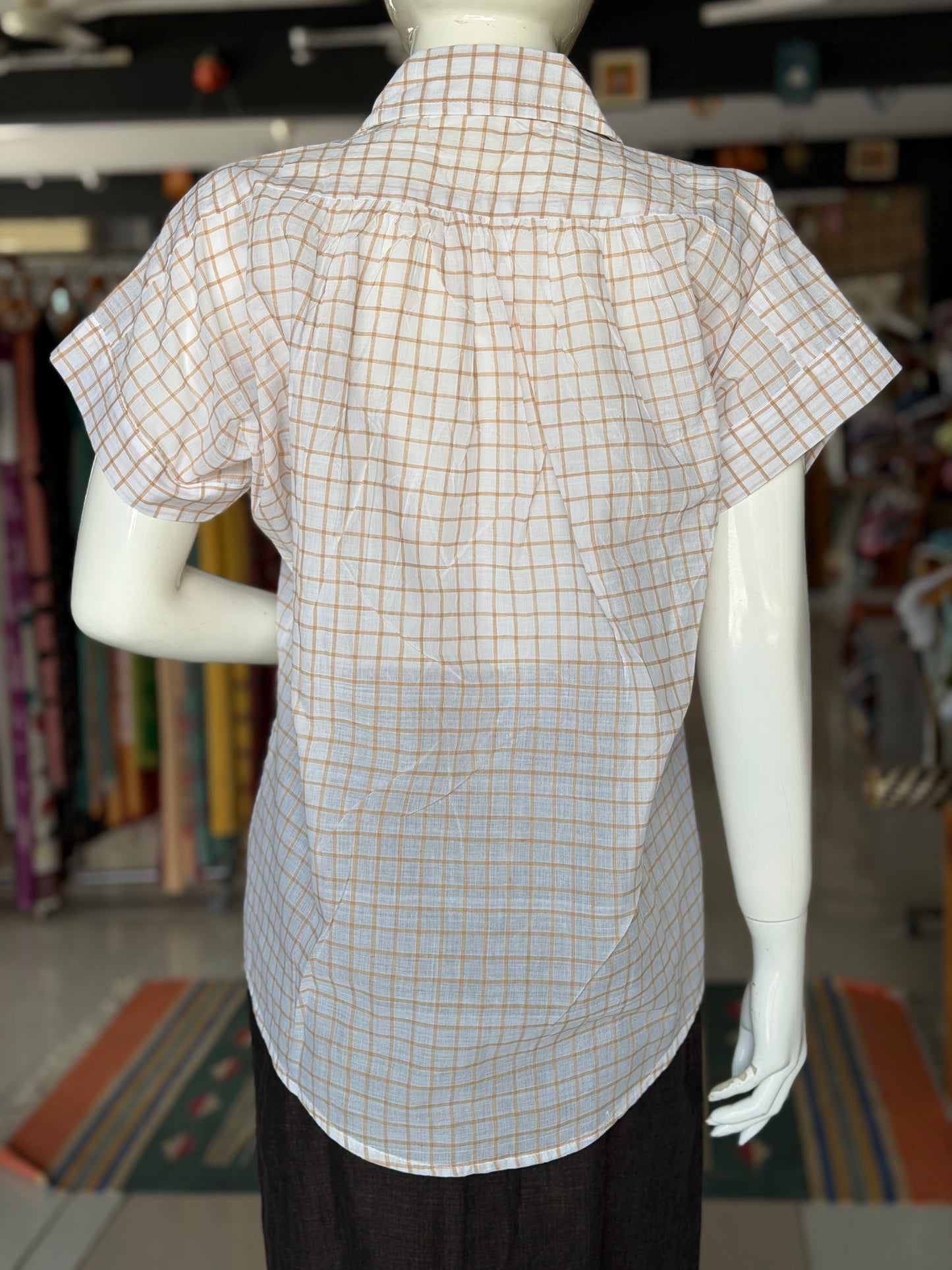White and brown checkered handloom cotton free size pleated shirt style top with natural wooden buttons