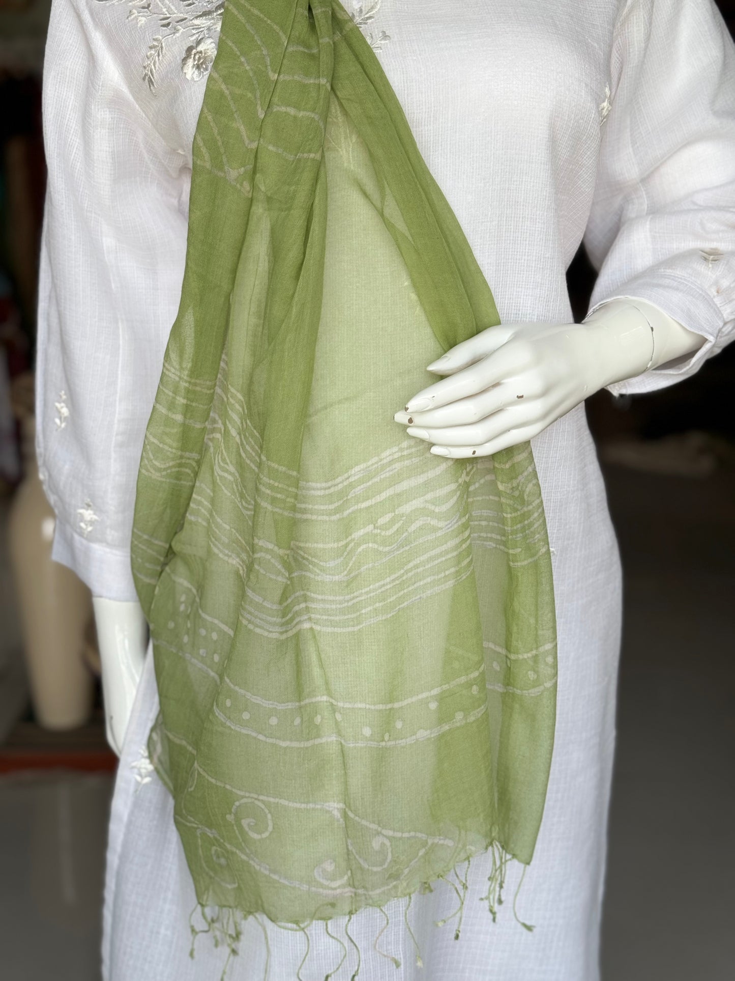 Jade green waves design hand batik soft cotton handloom stole