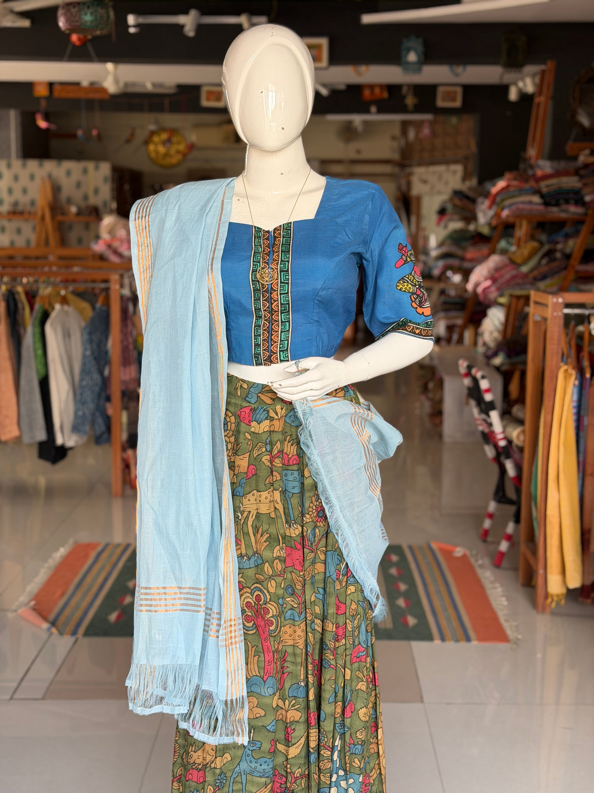 Green forest theme hand painted pen Kalamkari silk lehenga