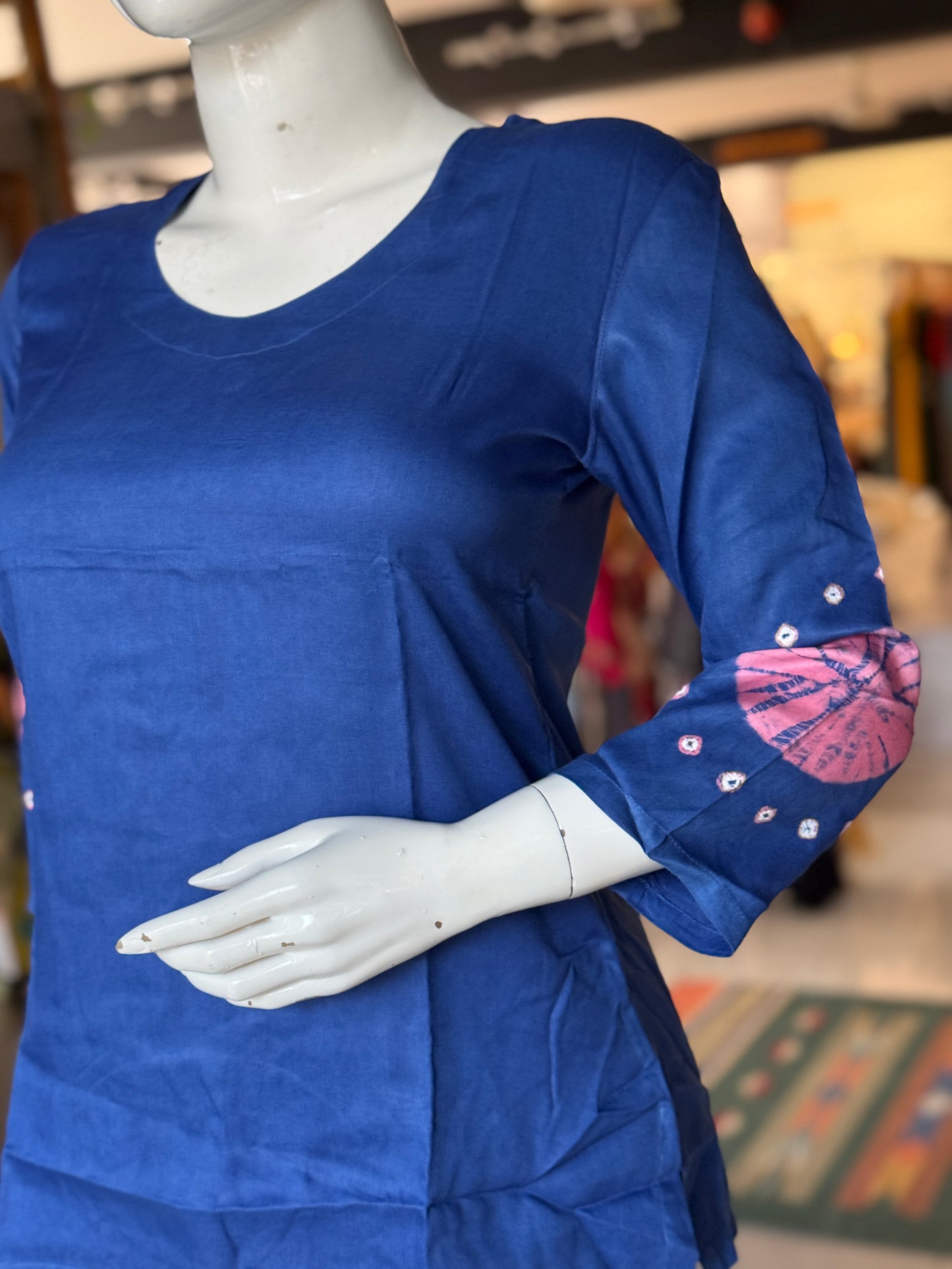 Placement bandini 3/4th sleeves tie n dye cotton tunic top / short kurti - multiple colors n designs available