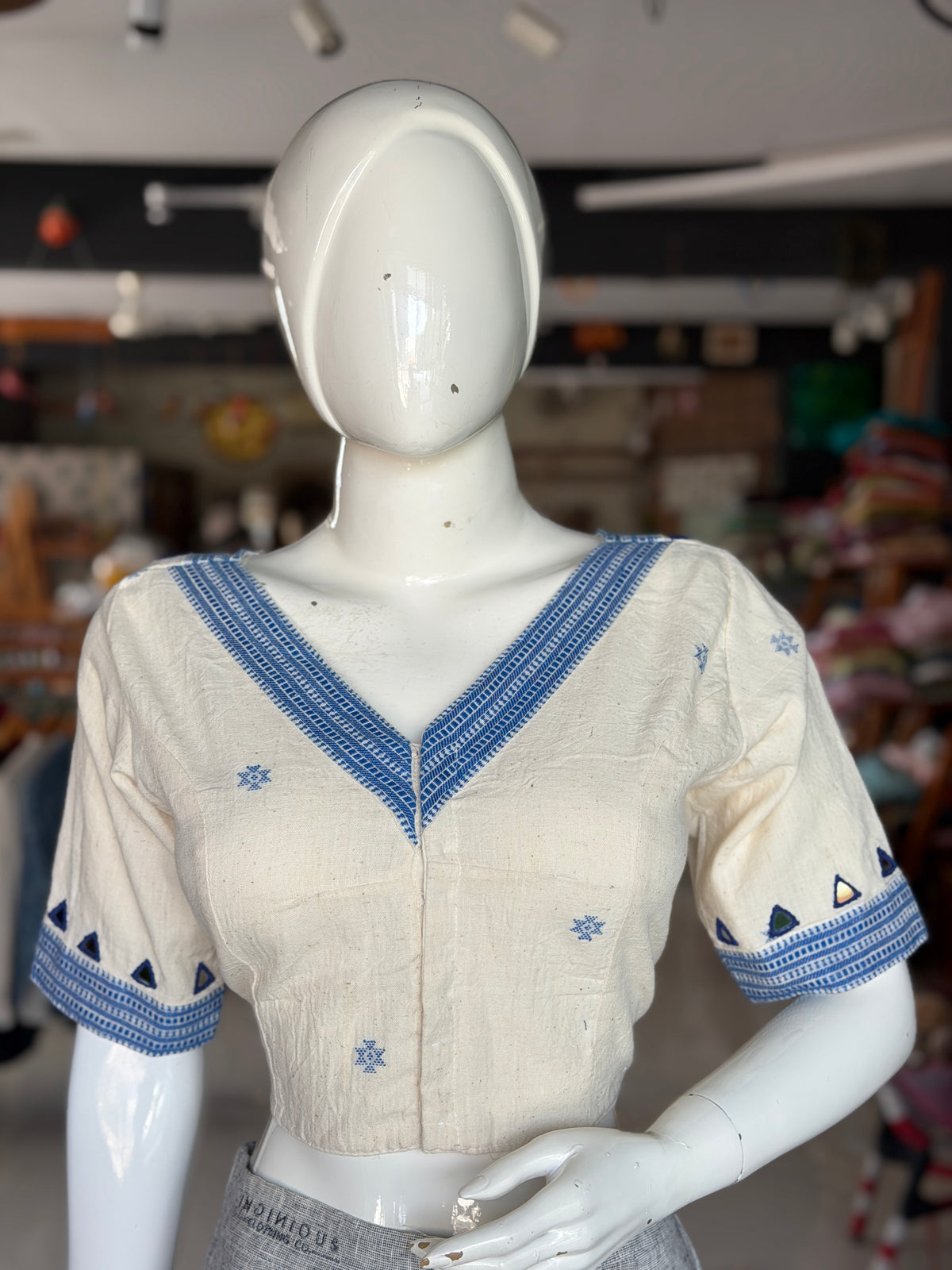 Off white Bhujodi kala cotton handloom blouse with mirror work on sleeves and back