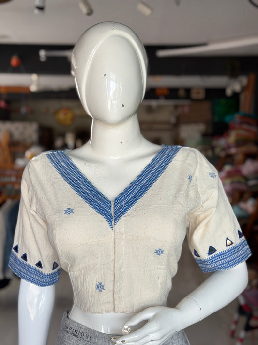 Off white Bhujodi kala cotton handloom blouse with mirror work on sleeves and back
